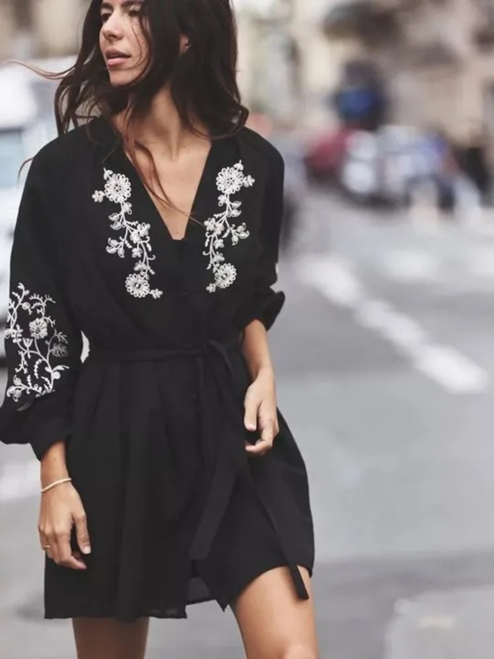 Zara Black Embroidered Floral Mini Dress Long Sleeve Boho Belted NWT
